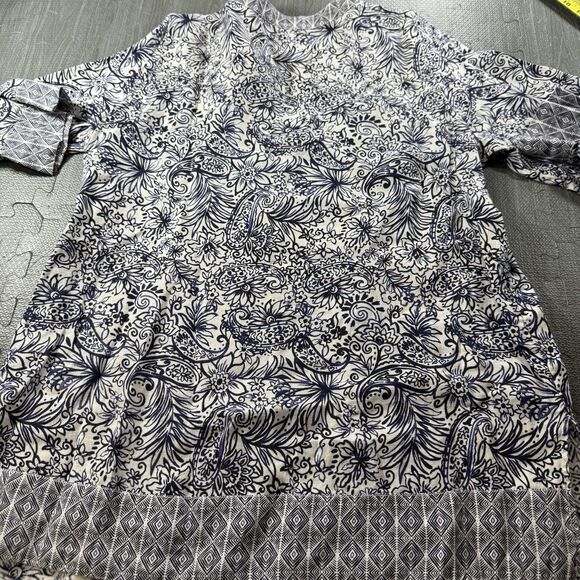 SIGRID OLSEN Blue & White 100% Linen Floral Paisley Boho Tunic Top SIZE L - Picture 2 of 8